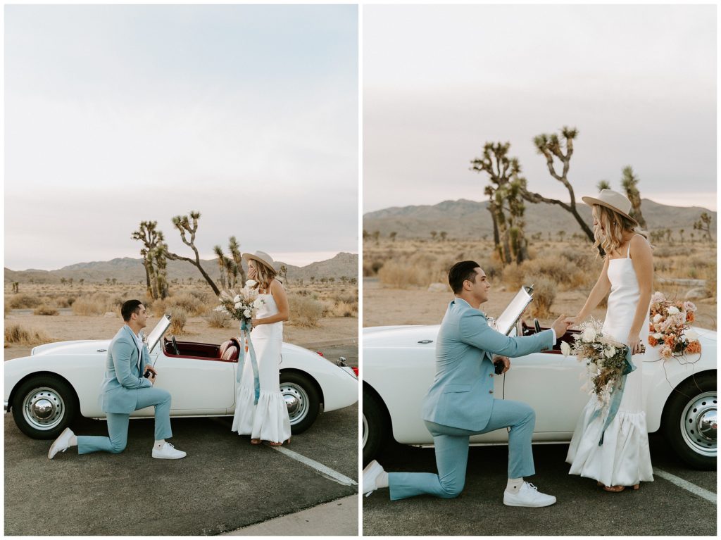 man getting down on one knee, surprise proposal happening, surprise proposal at joshua tree national park