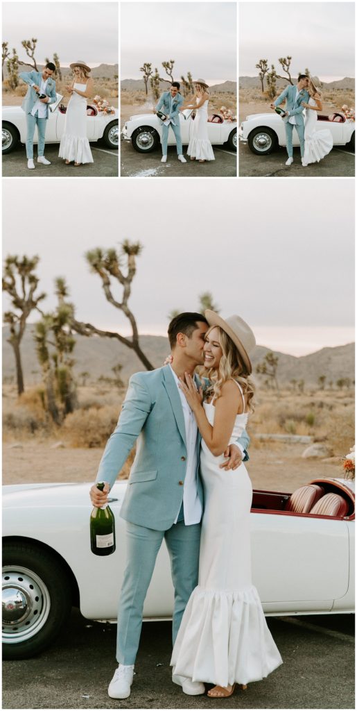 bride and groom popping champagne, joshua tree elopement, bride and groom at joshua tree national park