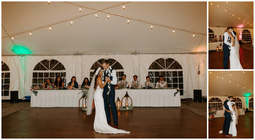 bride and groom first dance, wedding reception under tent