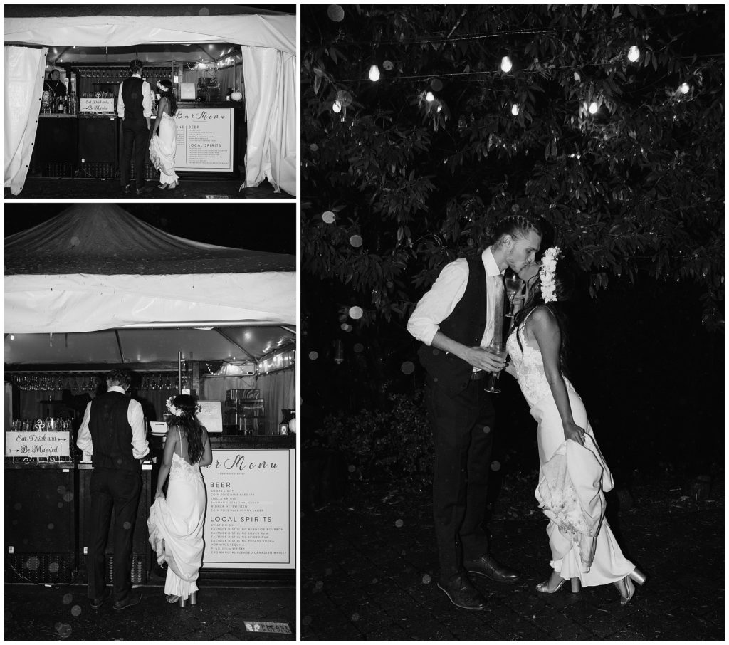 black and white photos of bride and groom, bride and groom kissing at reception