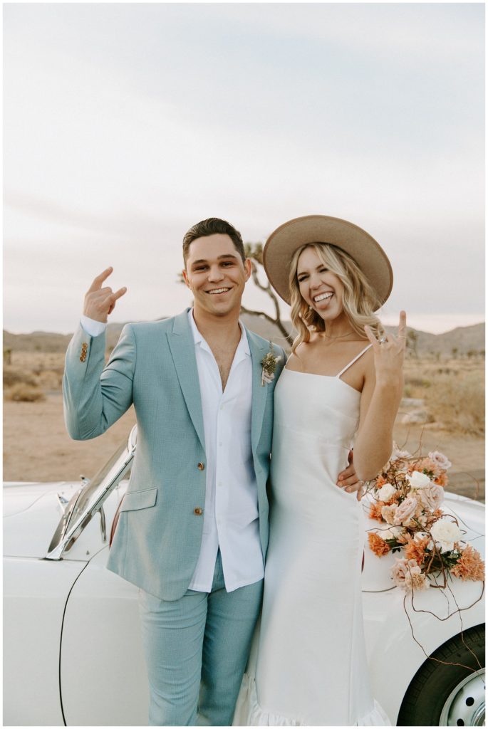 vintage elopement at joshua tree, rock and roll elopement, rock and roll bride and groom