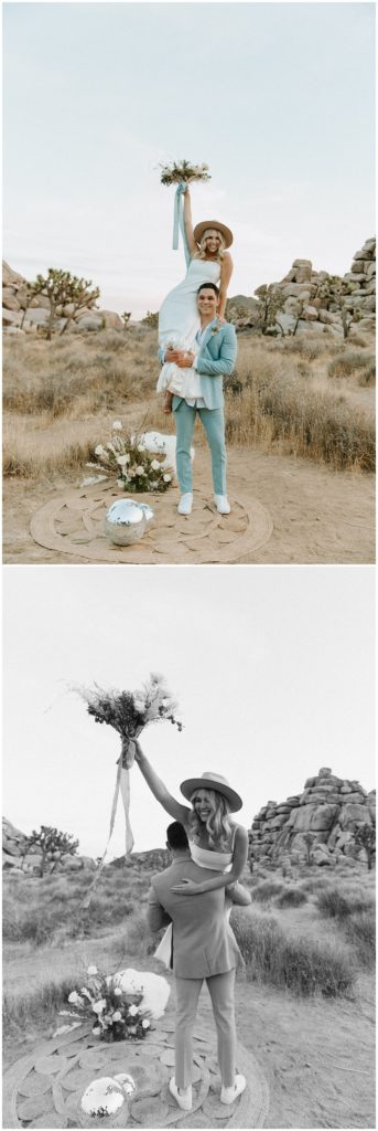 fun elopement photos, vintage elopement at joshua tree, rock and roll bride and groom
