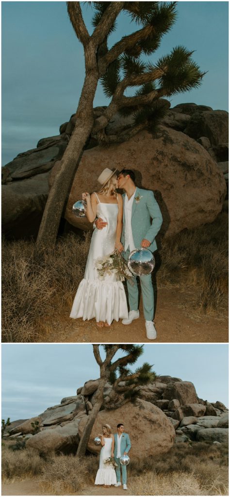 sunset elopement photos, bride and groom at sunset, sunset elopement at joshua tree