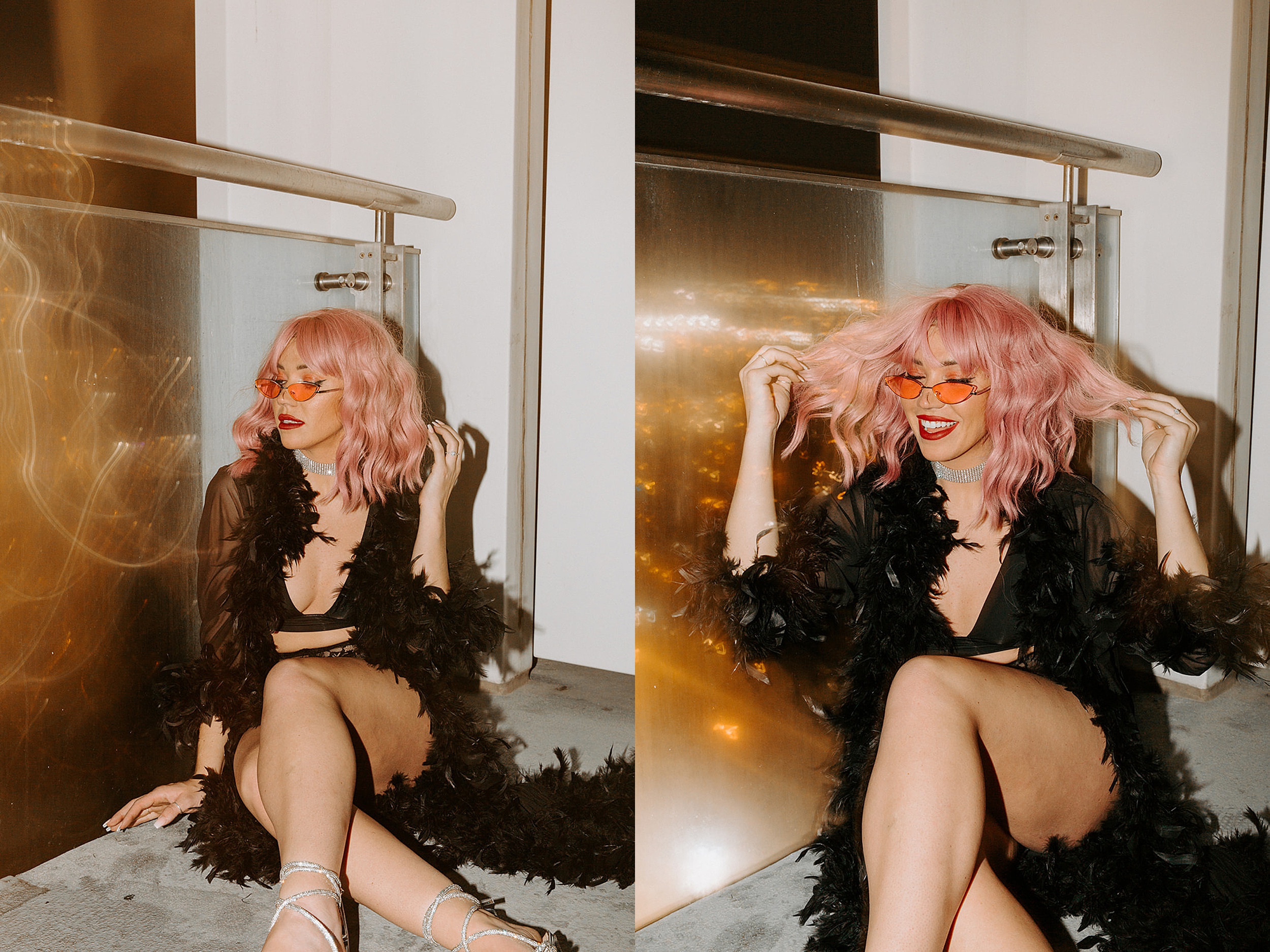 girl in pink wig sitting on balcony