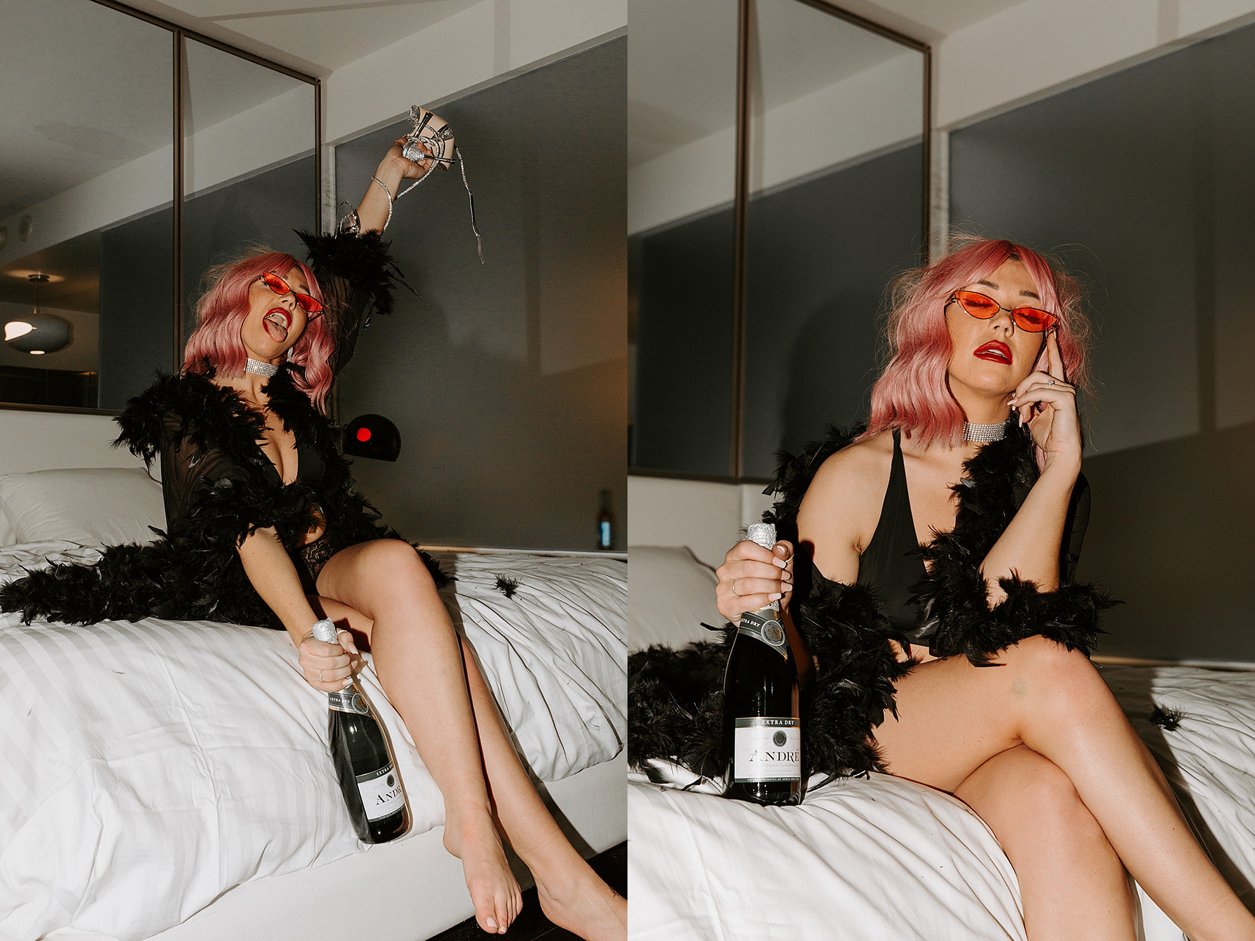 girl sitting on hotel bed in lingerie