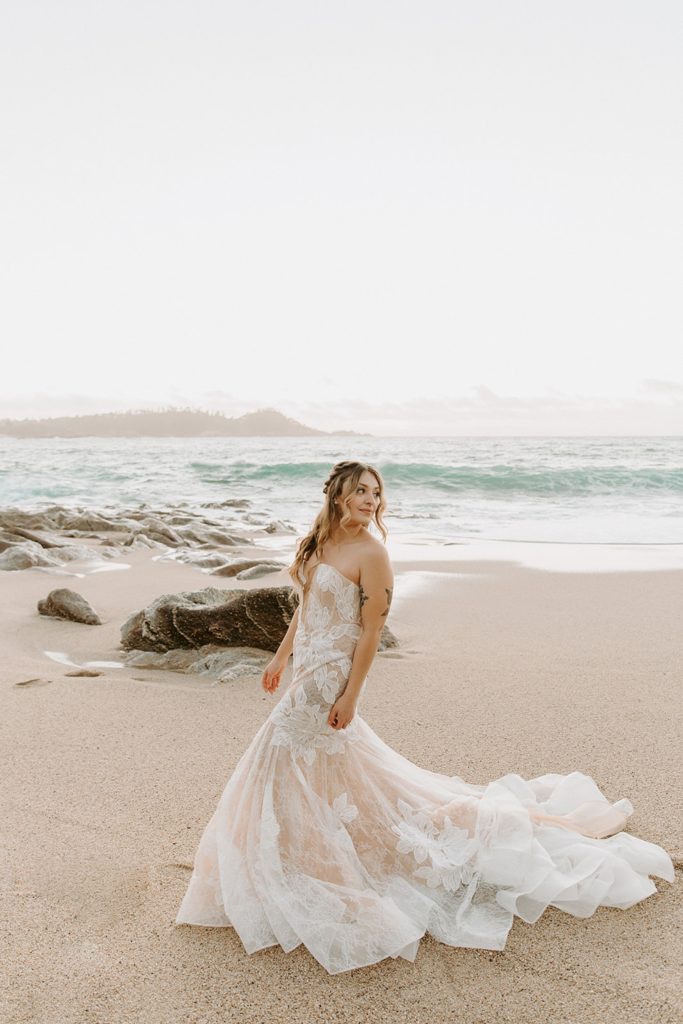 bride walking on beach