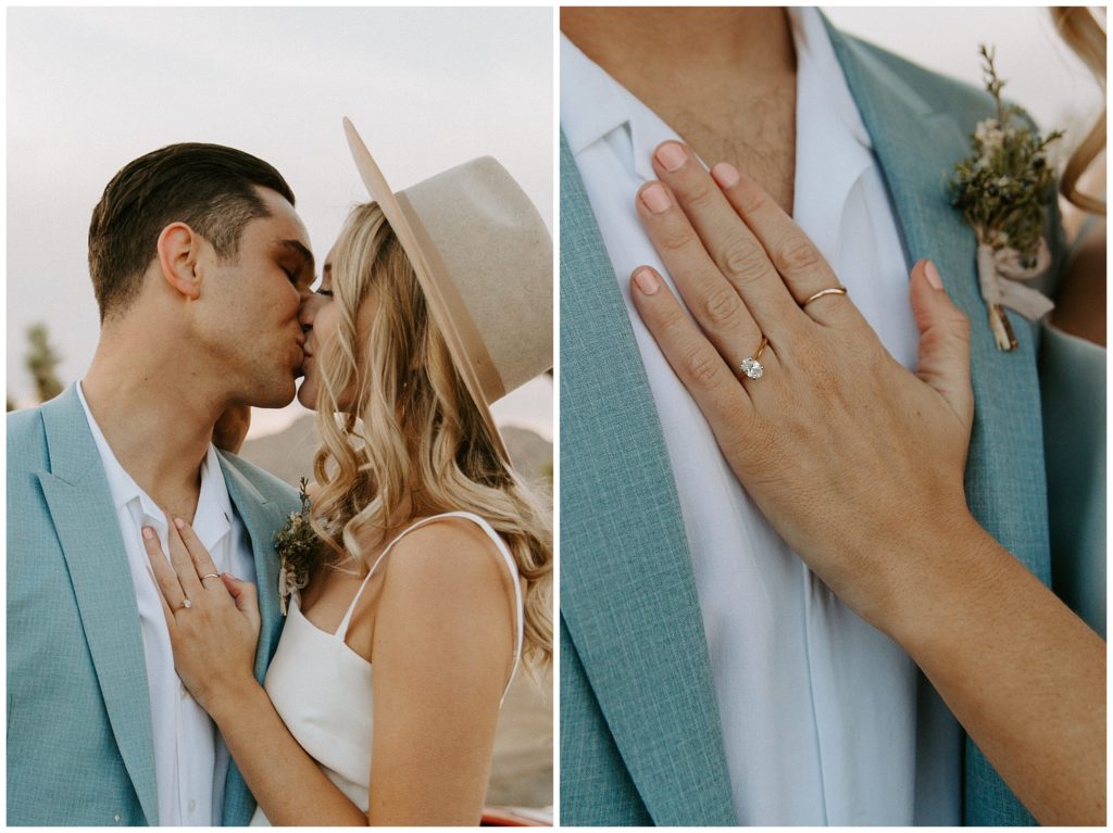 bride and groom kissing, blue groom suit, diamond wedding ring
