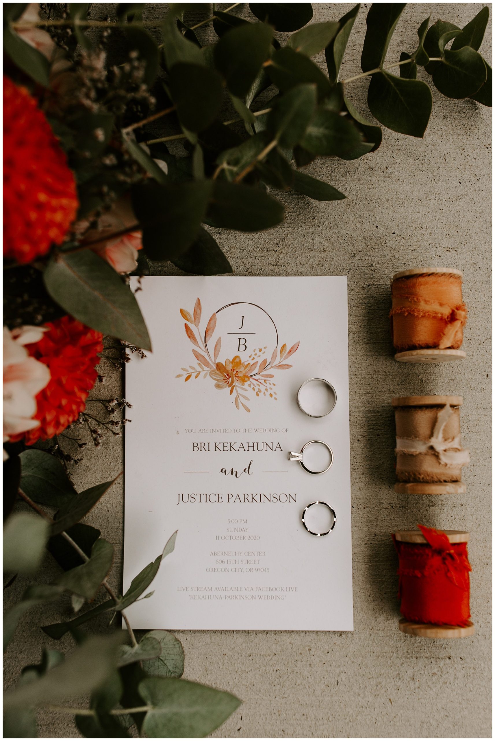 wedding rings on stationery, wedding flowers