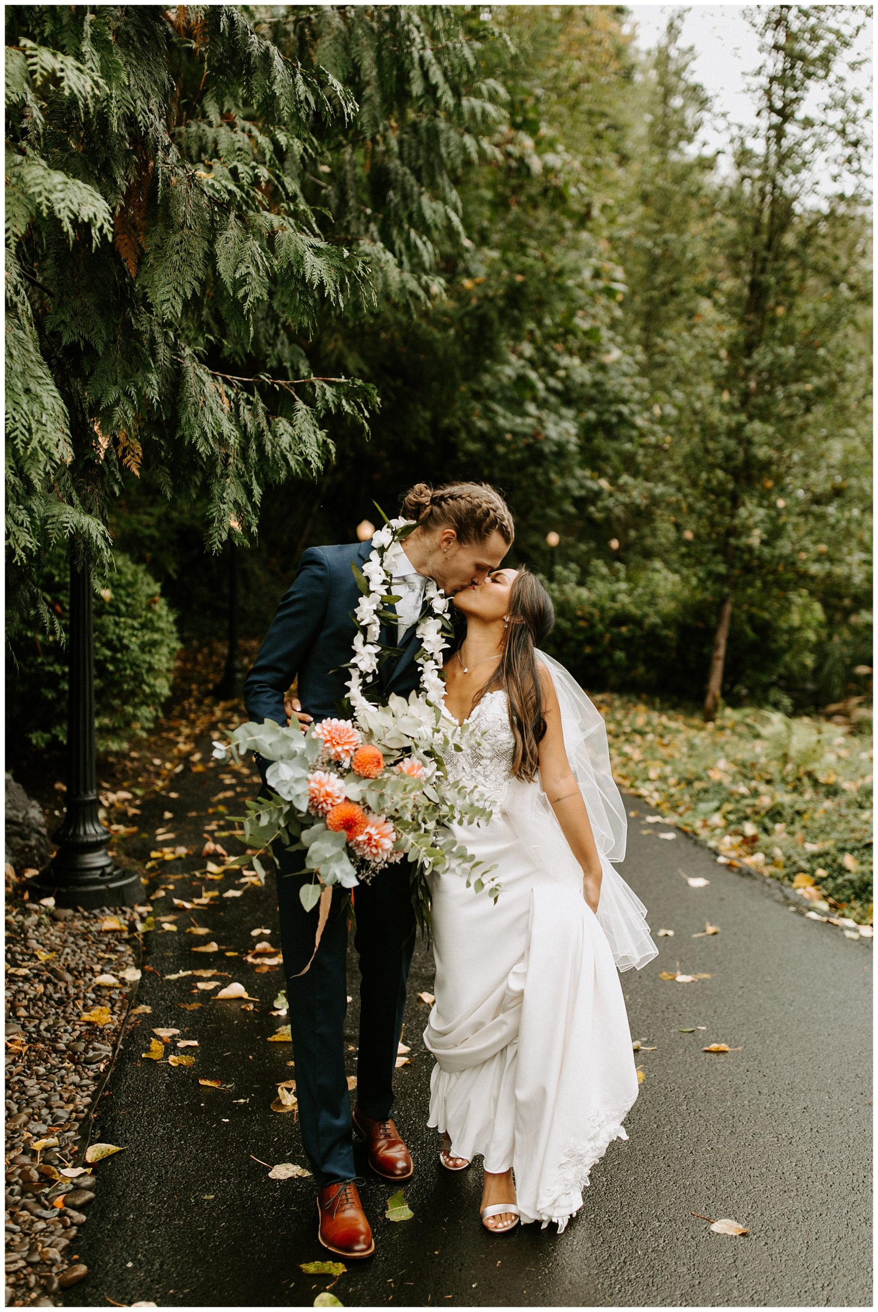 tropical bride and groom in forest