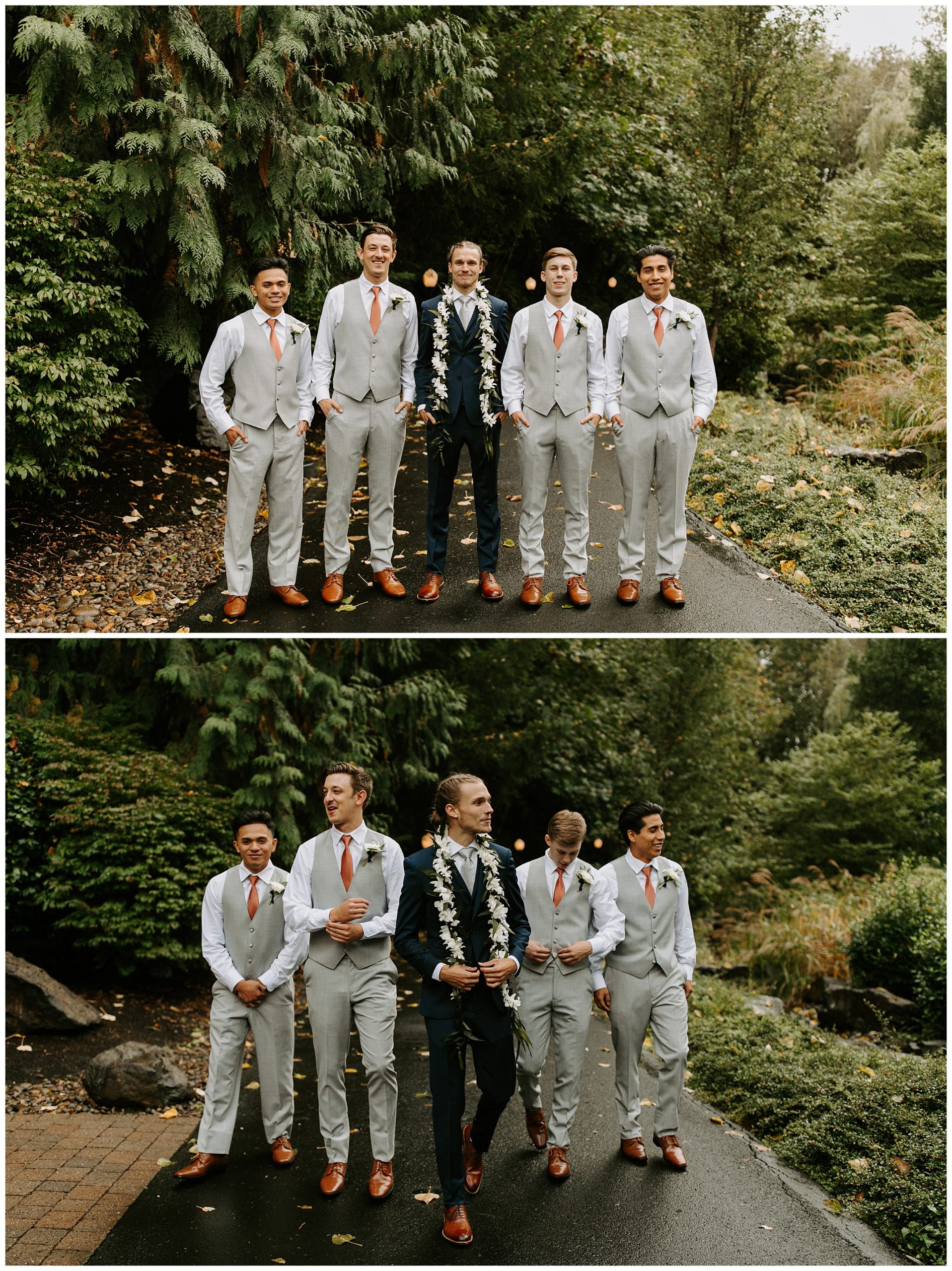 groomsmen standing in forest, groomsmen wearing leis