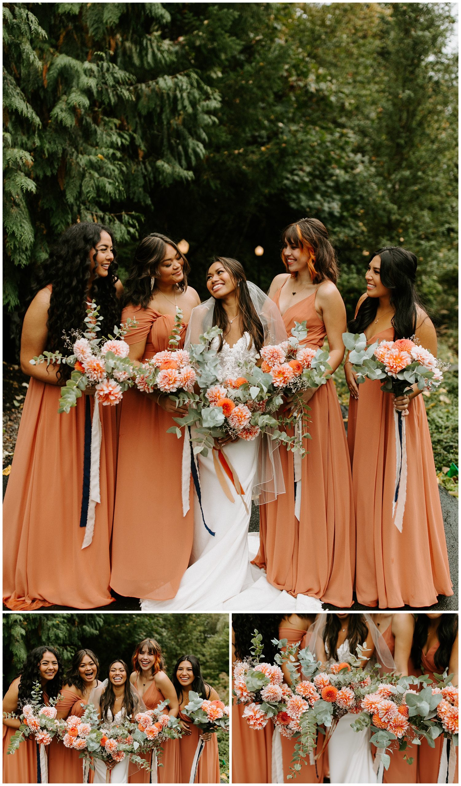 bridesmaids standing in forest, bridesmaids with orange dresses