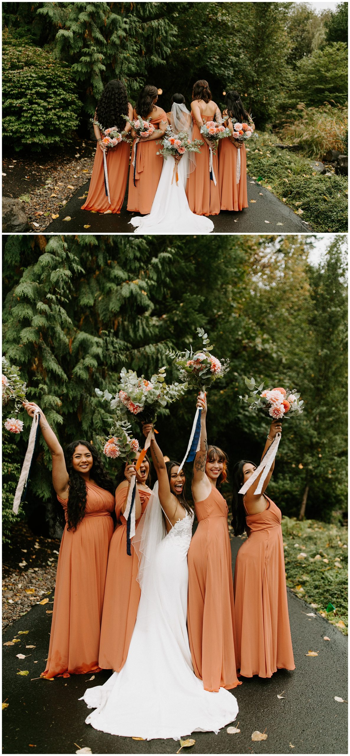 bridesmaids standing in forest, bridesmaids with orange dresses