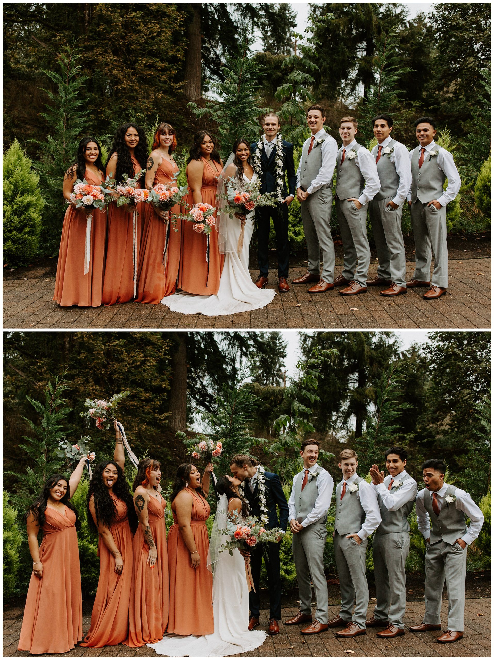 wedding party standing in forest, orange wedding party colors