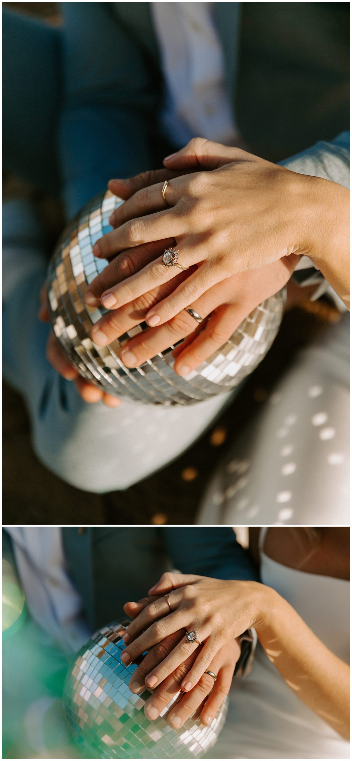 wedding rings on disco ball, wedding photos with disco ball, elopement with disco ball