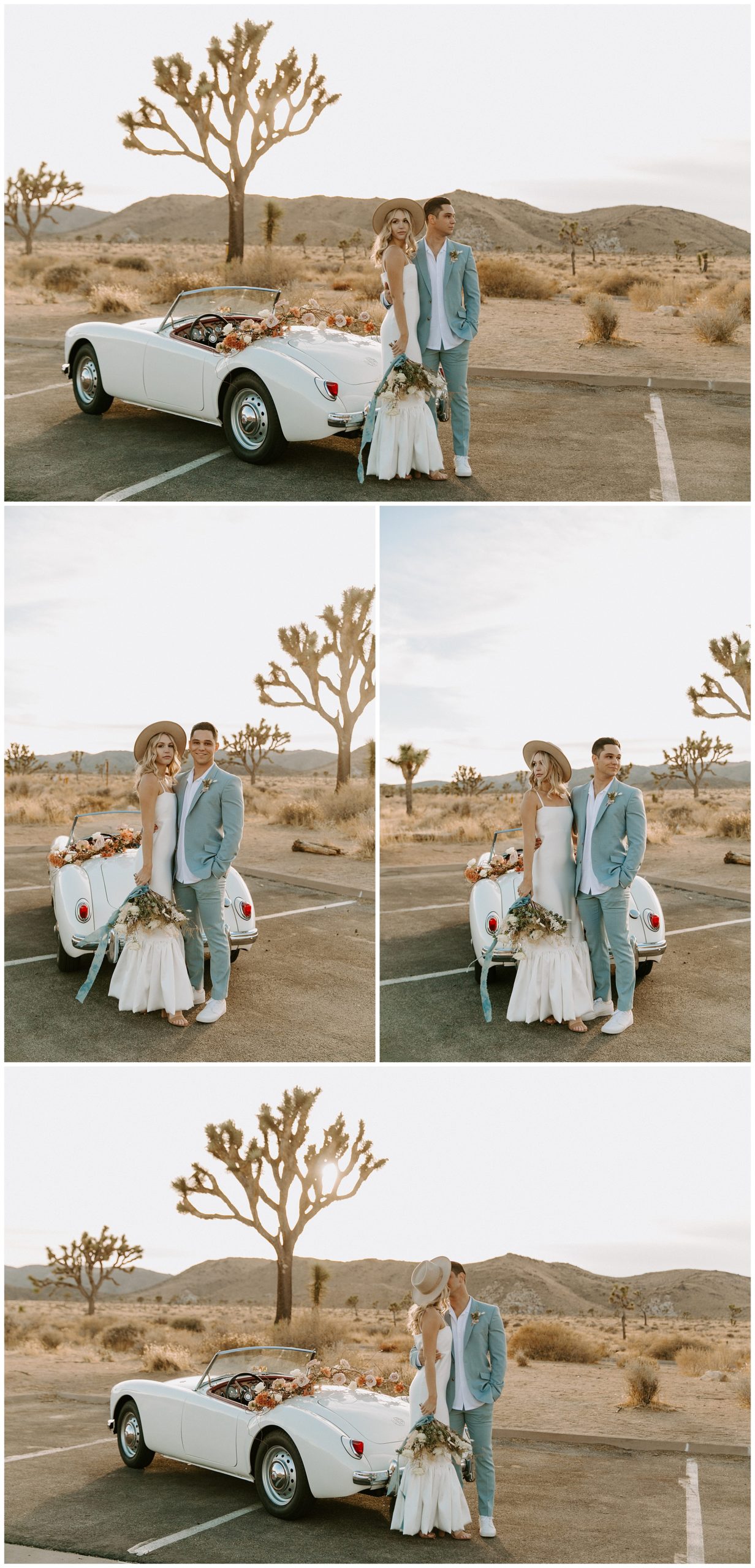 bride and groom with vintage car, vintage car elopement, vintage elopement at joshua tree