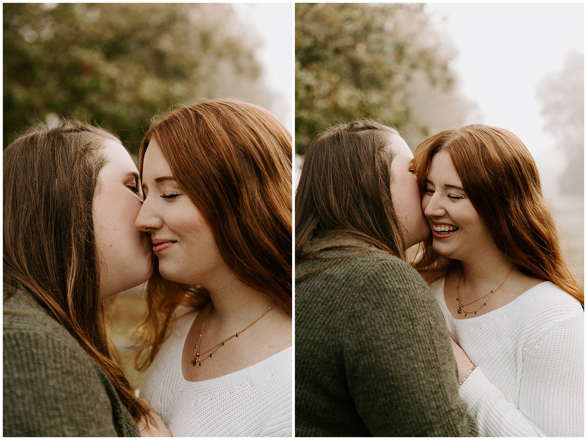 girls kissing for engagement photos