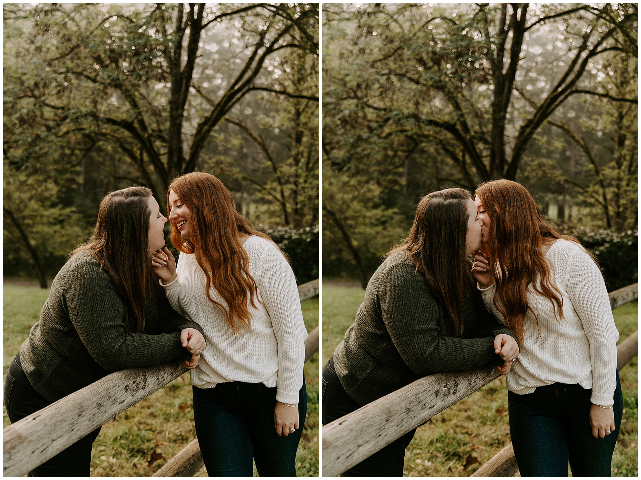 girls kissing on fence