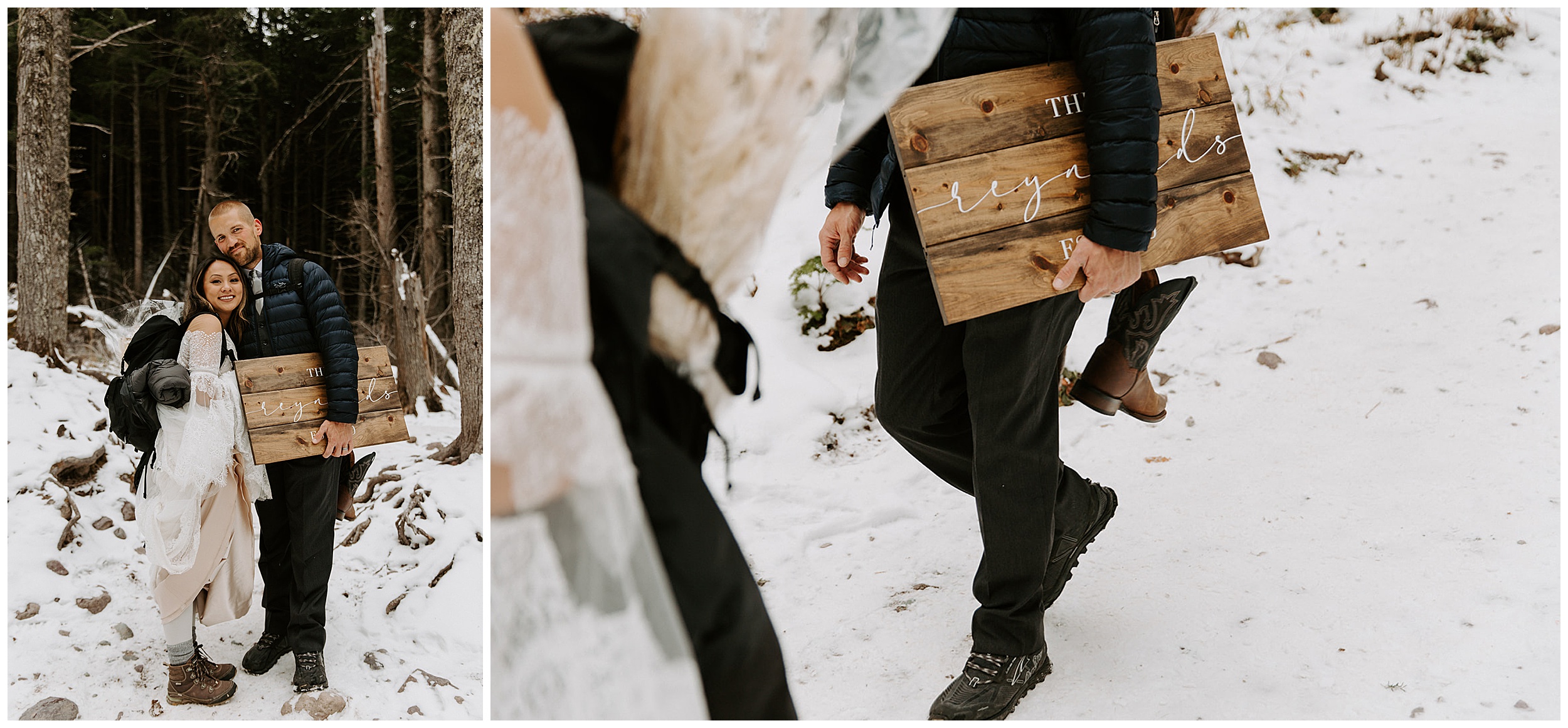 bride and groom hiking in snow
