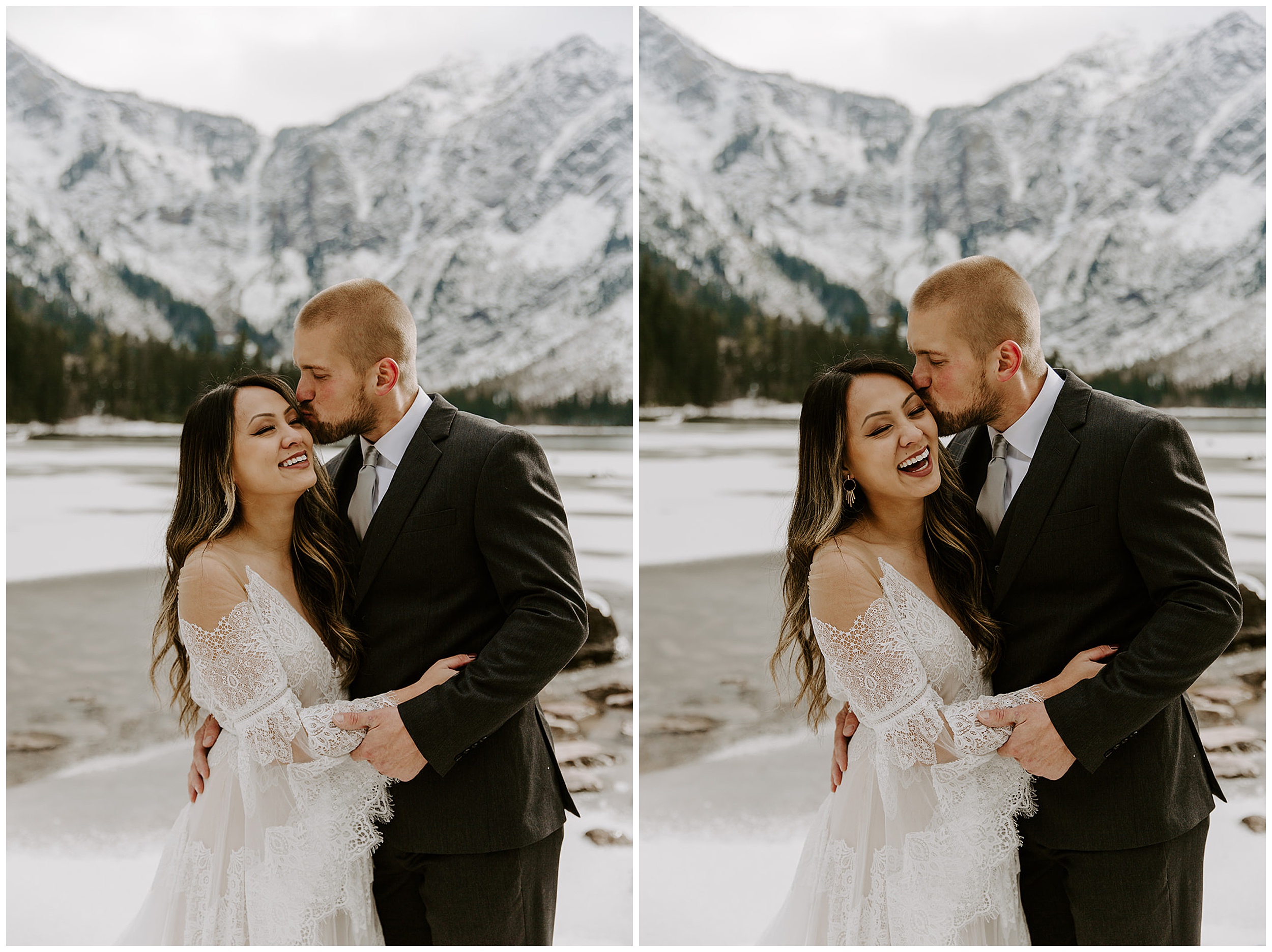 bride and groom kissing in glacier national park