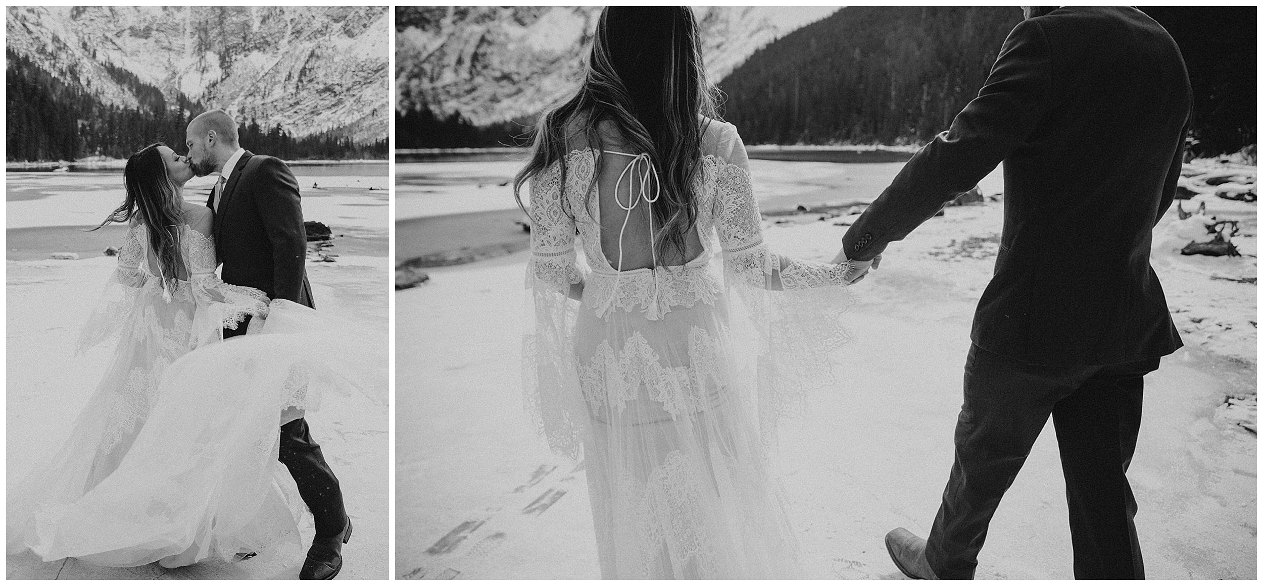 bride and groom walking across frozen lake