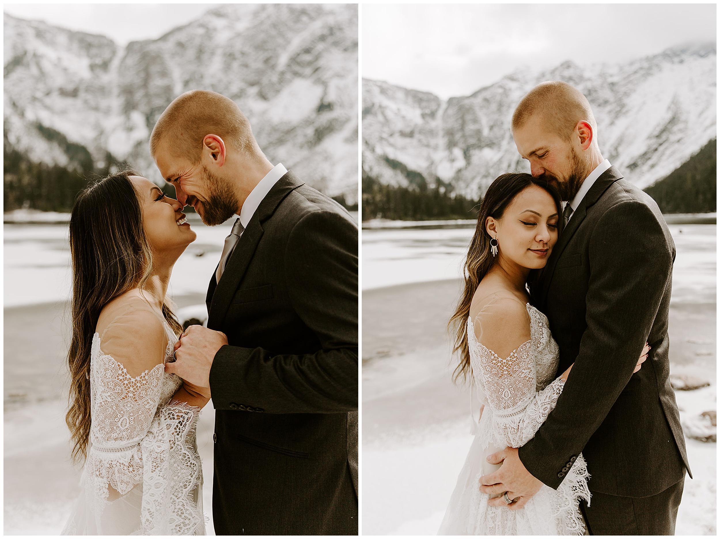 bride and groom hugging on frozen lake