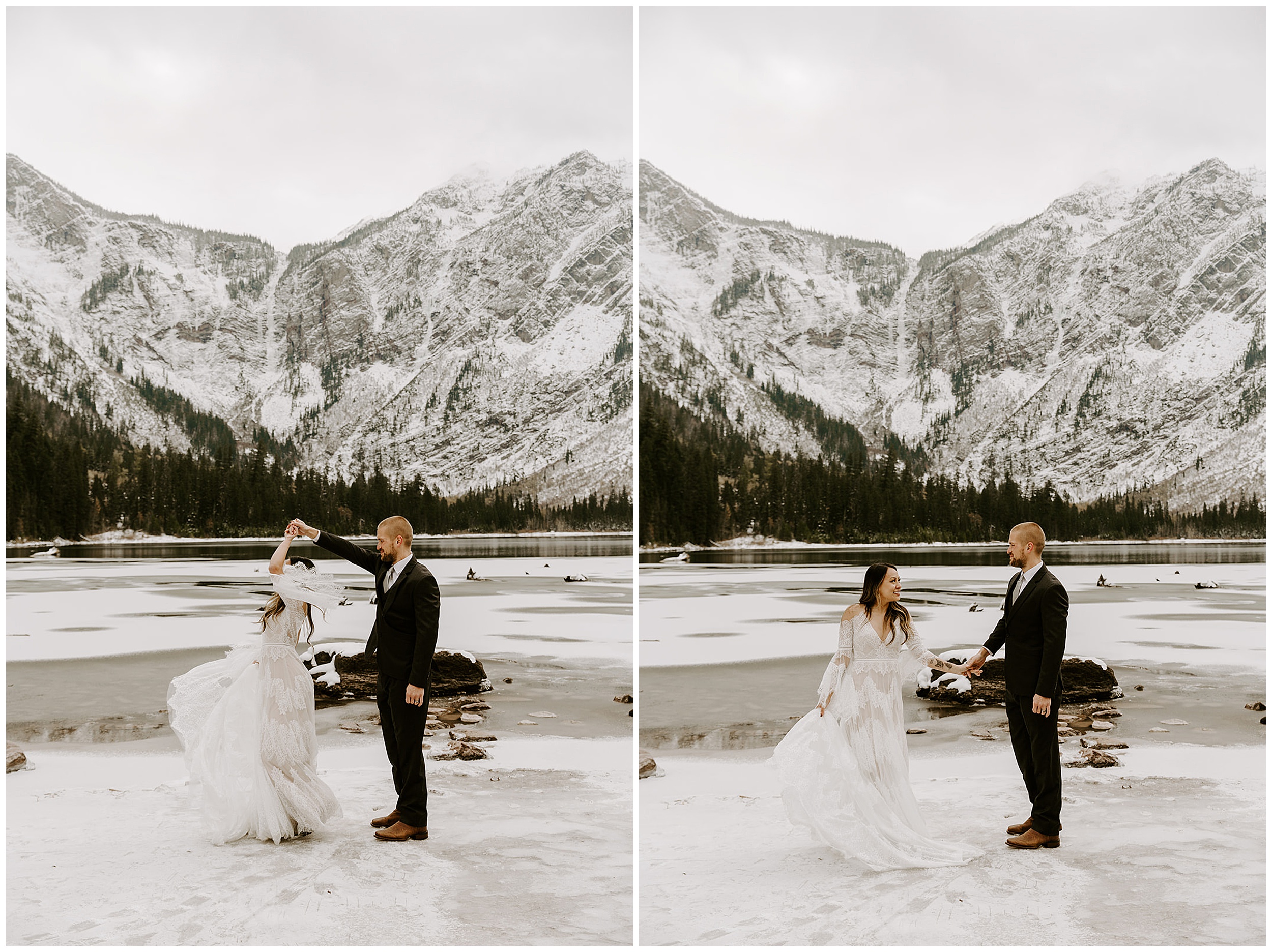 bride and groom dancing in glacier national park