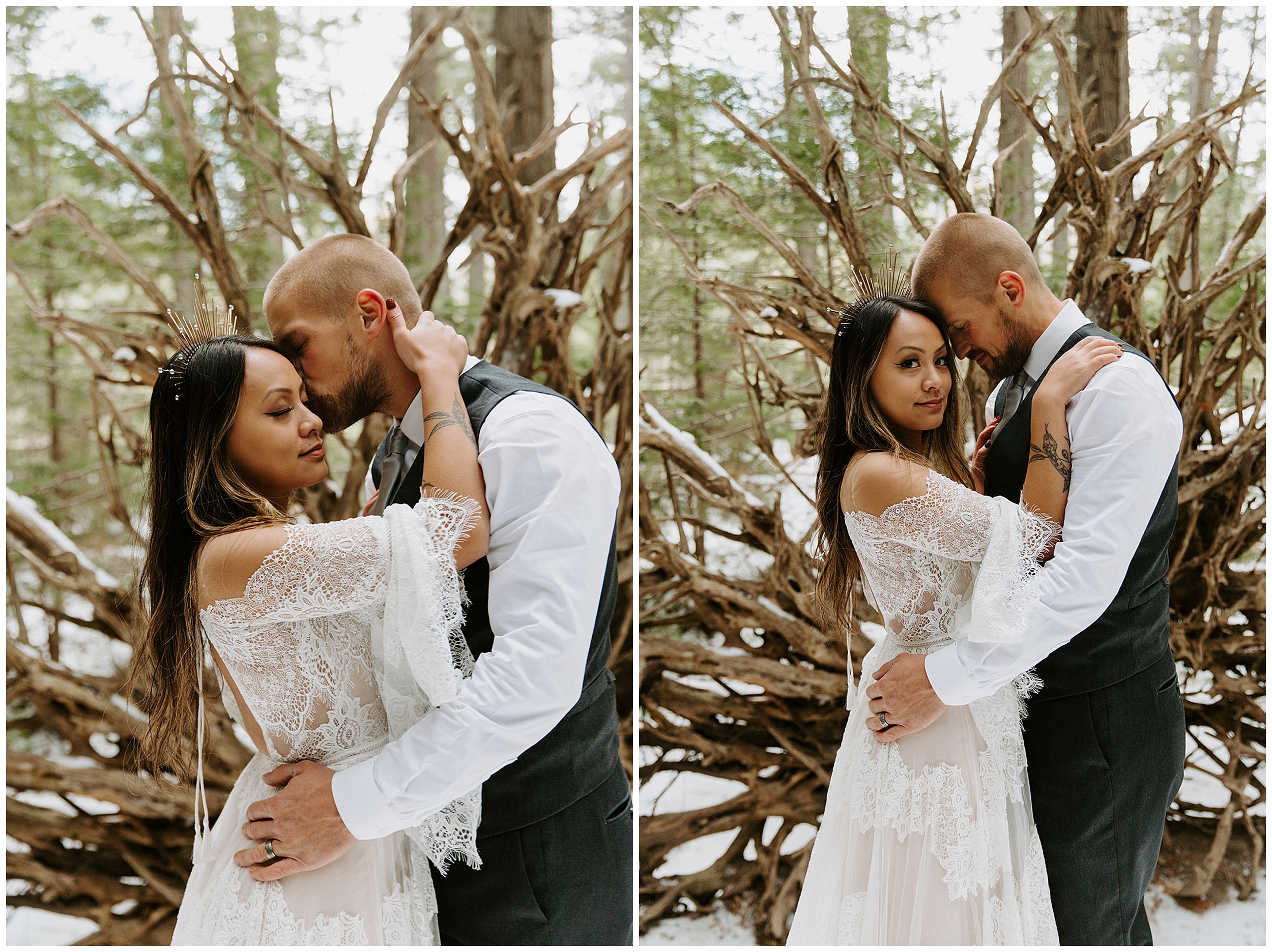 bride and groom in glacier national park forest