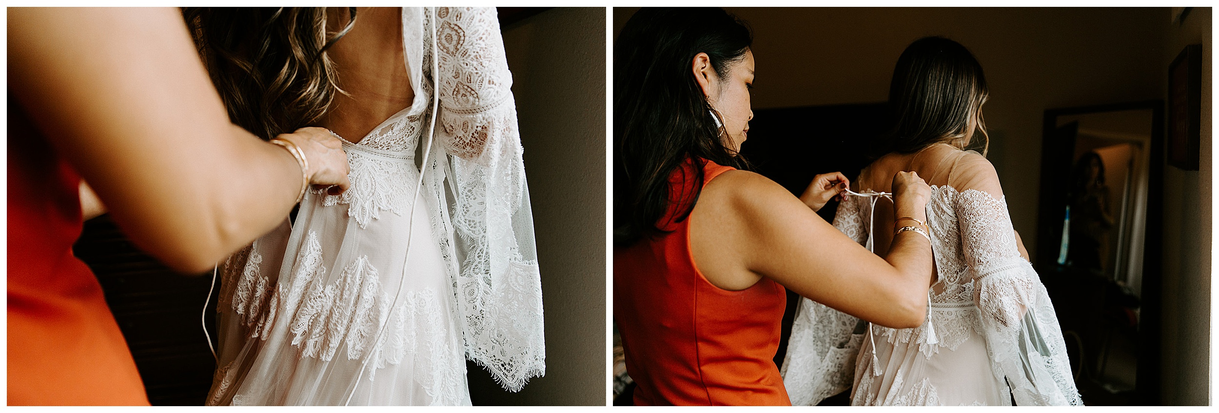friend zipping up bride's wedding dress