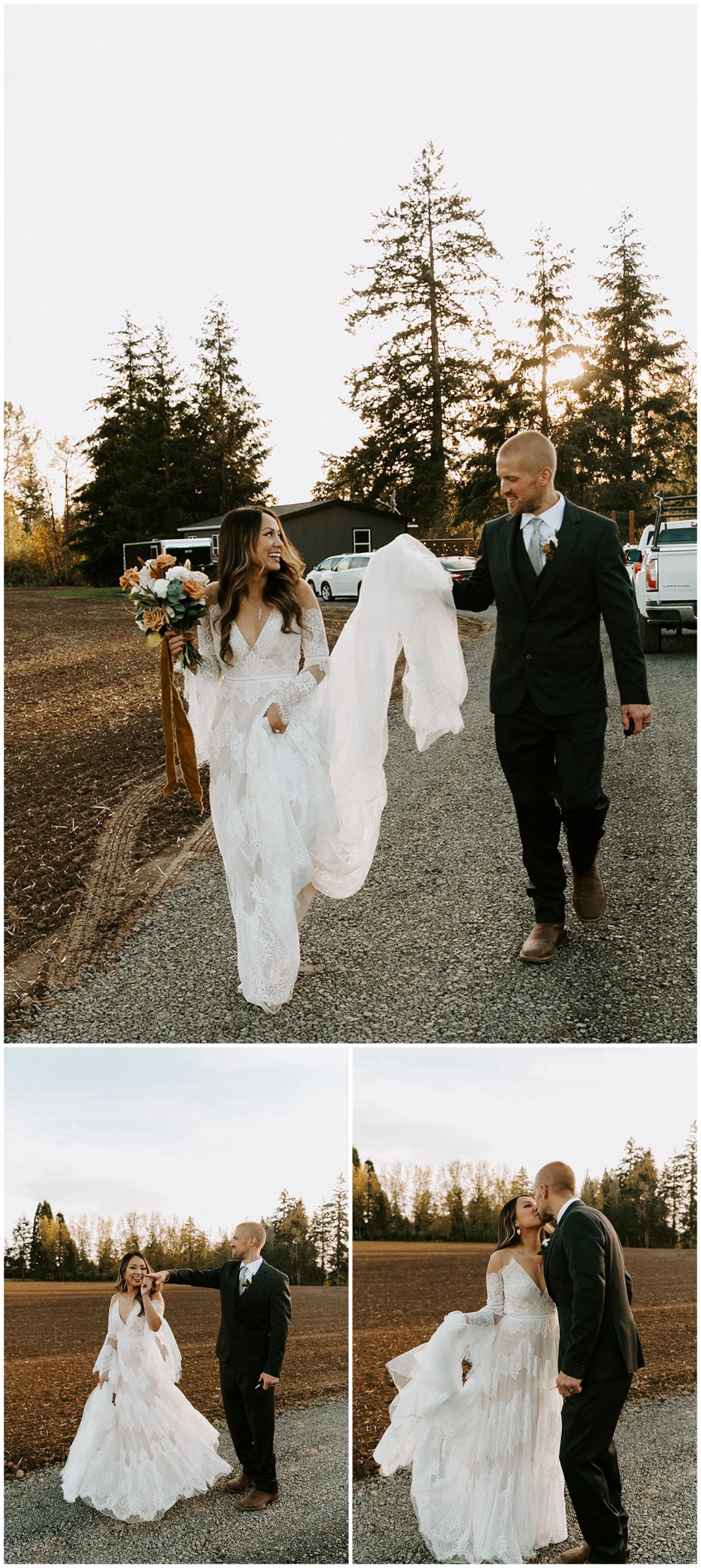 bride and groom walking down path