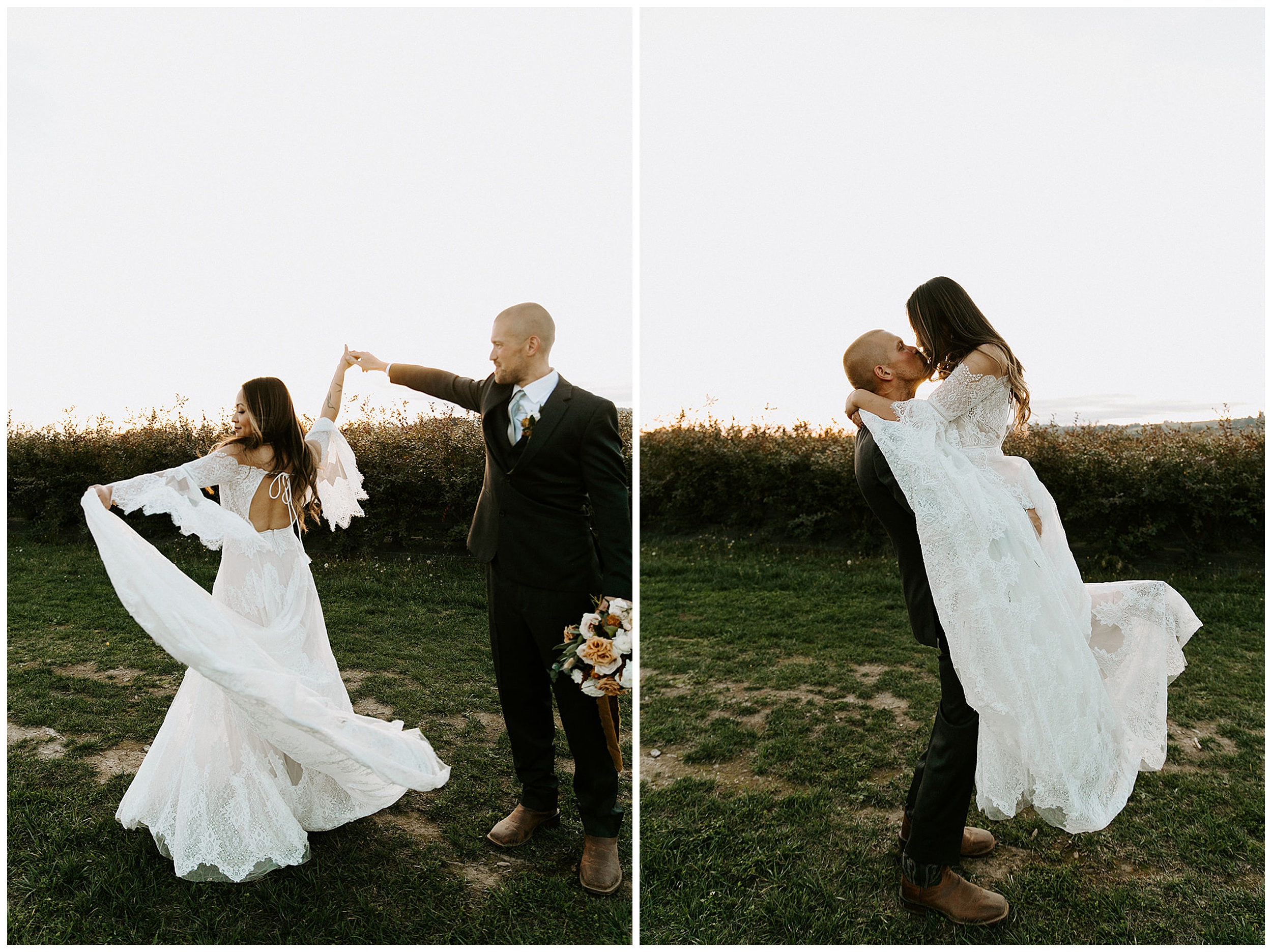 groom twirling bride in field