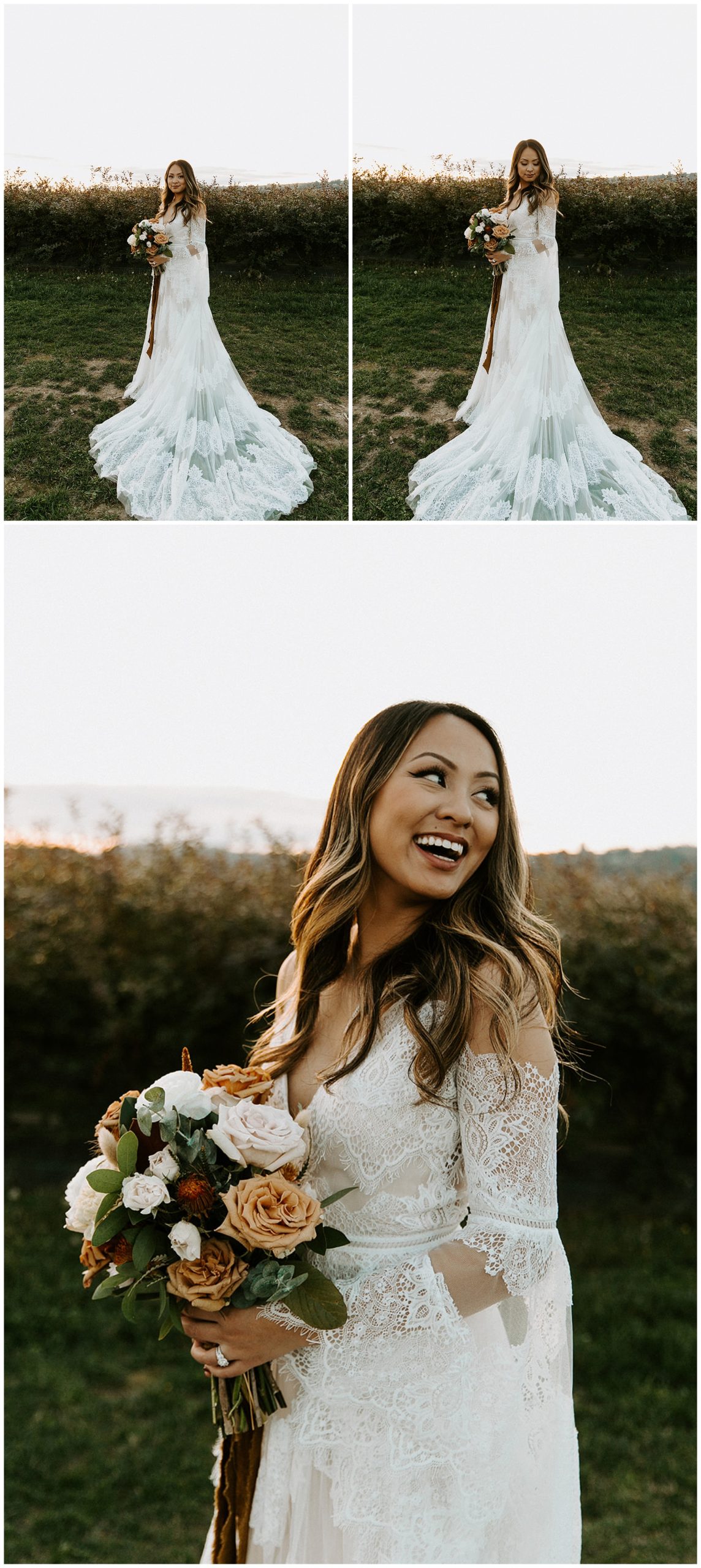 bride standing in field with bouquet
