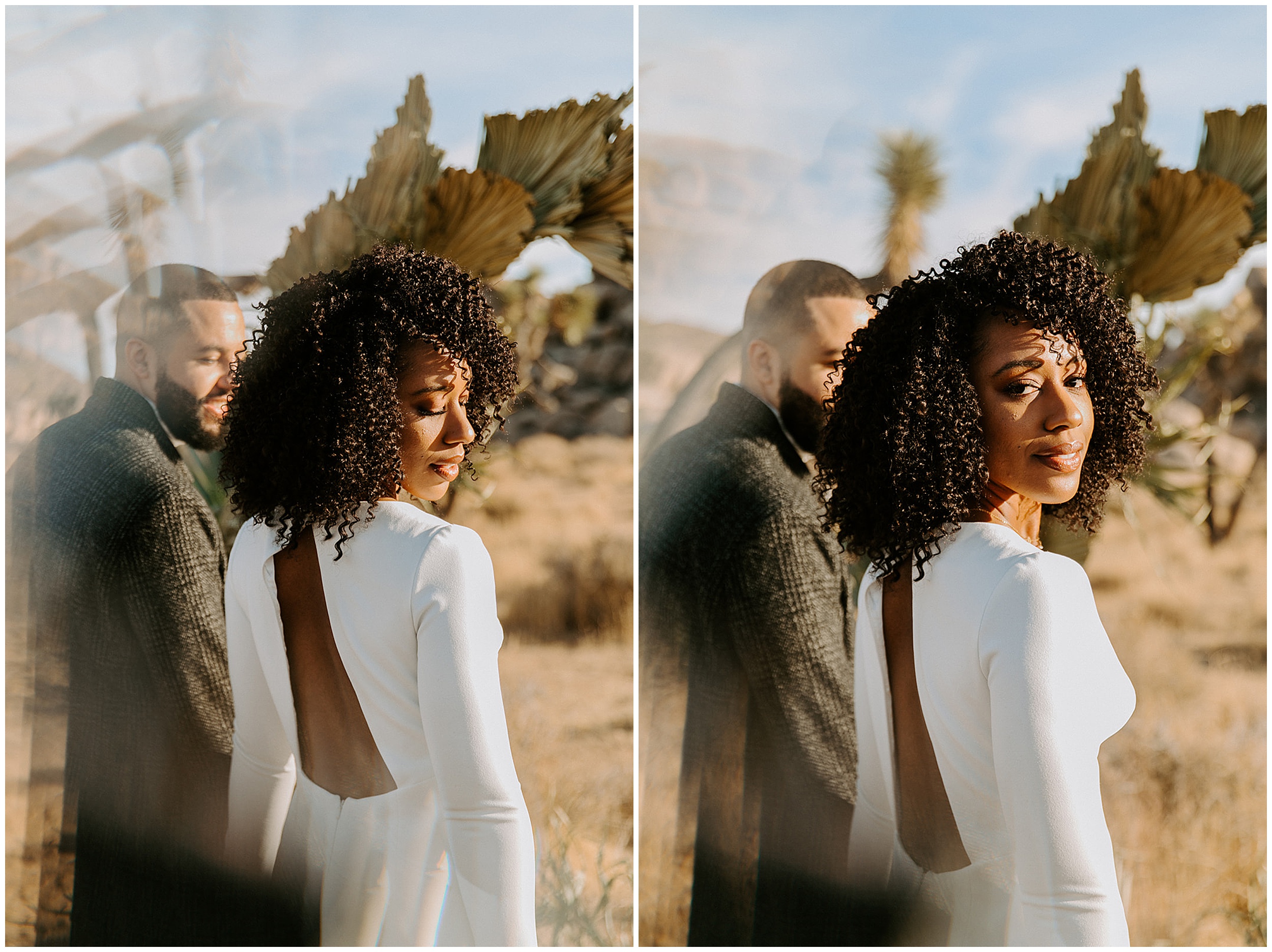 bride and groom in desert