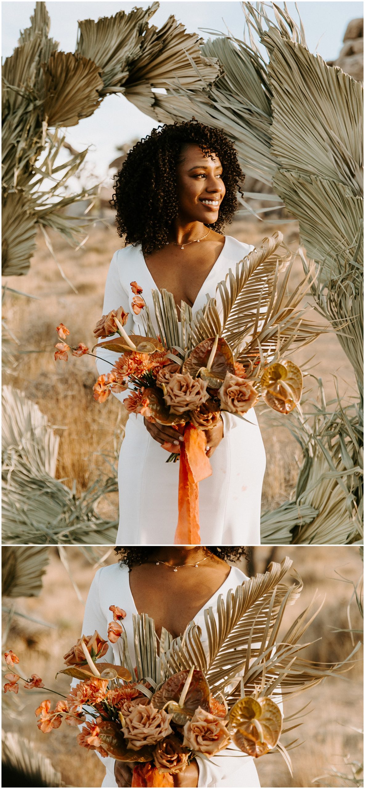 bride holding bouquet in desert