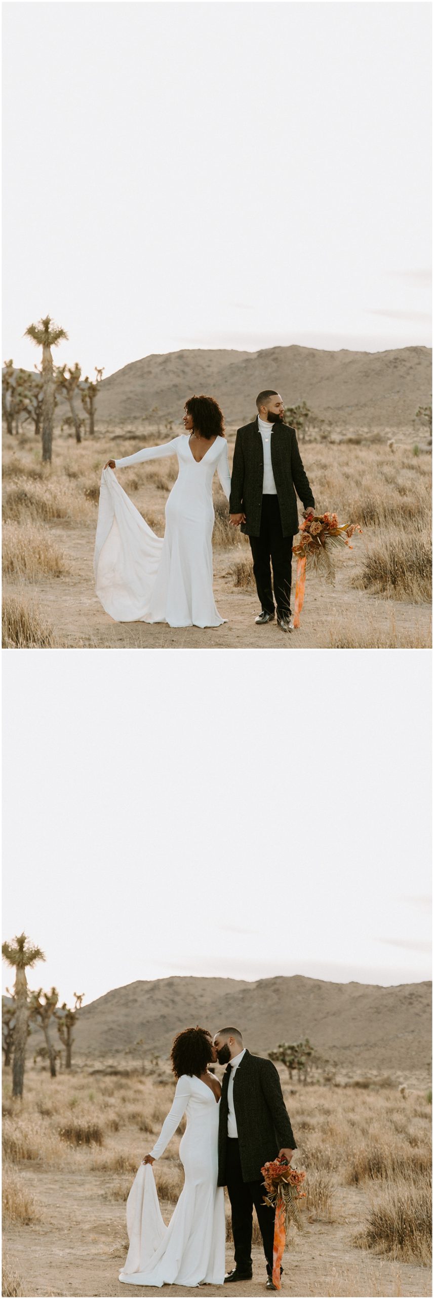 bride and groom modeling in joshua tree national park