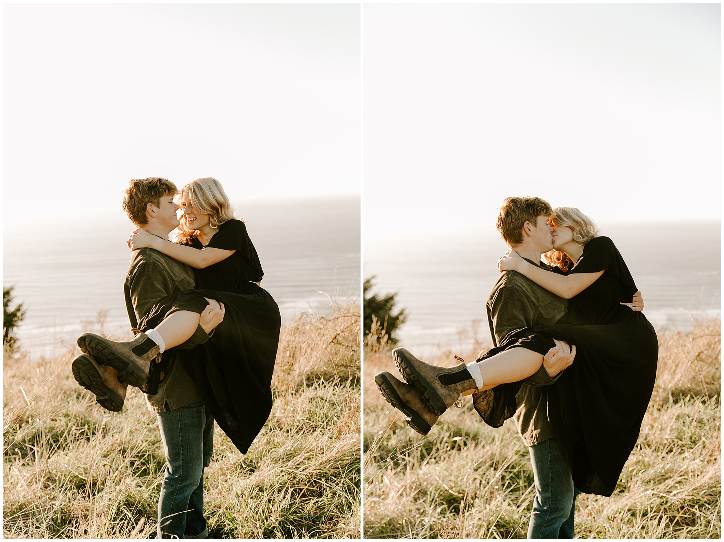 couple kissing on hilltop