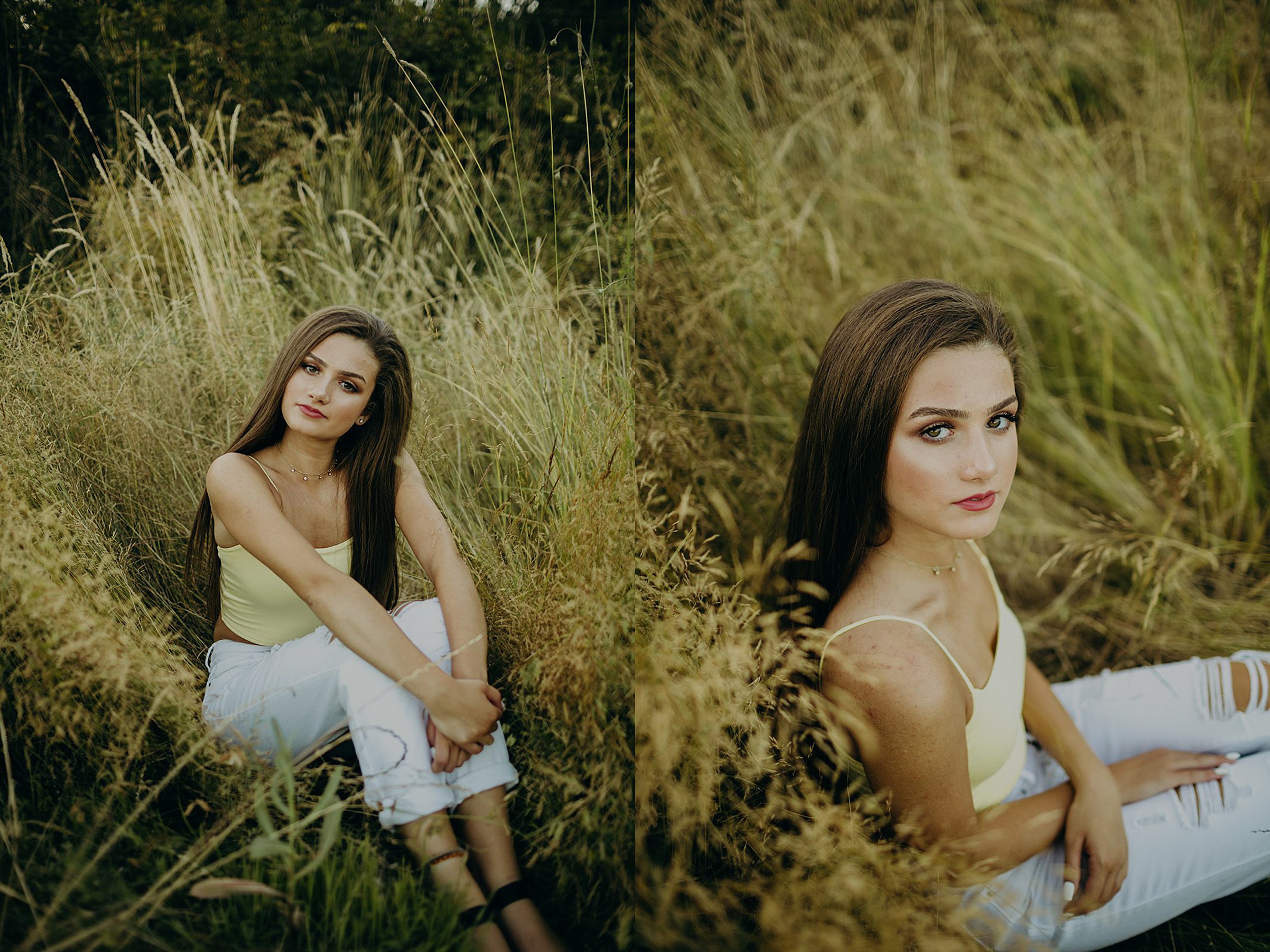 girl sitting in field and modeling