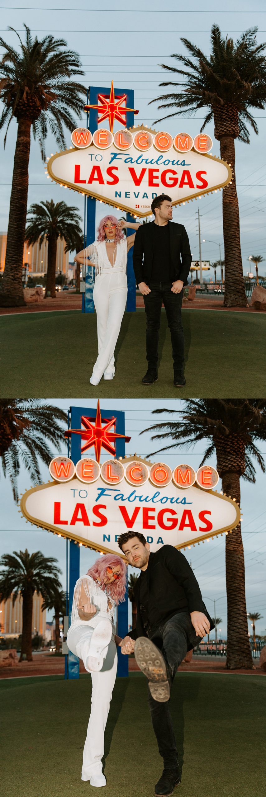 bride and groom standing in front of las vegas sign