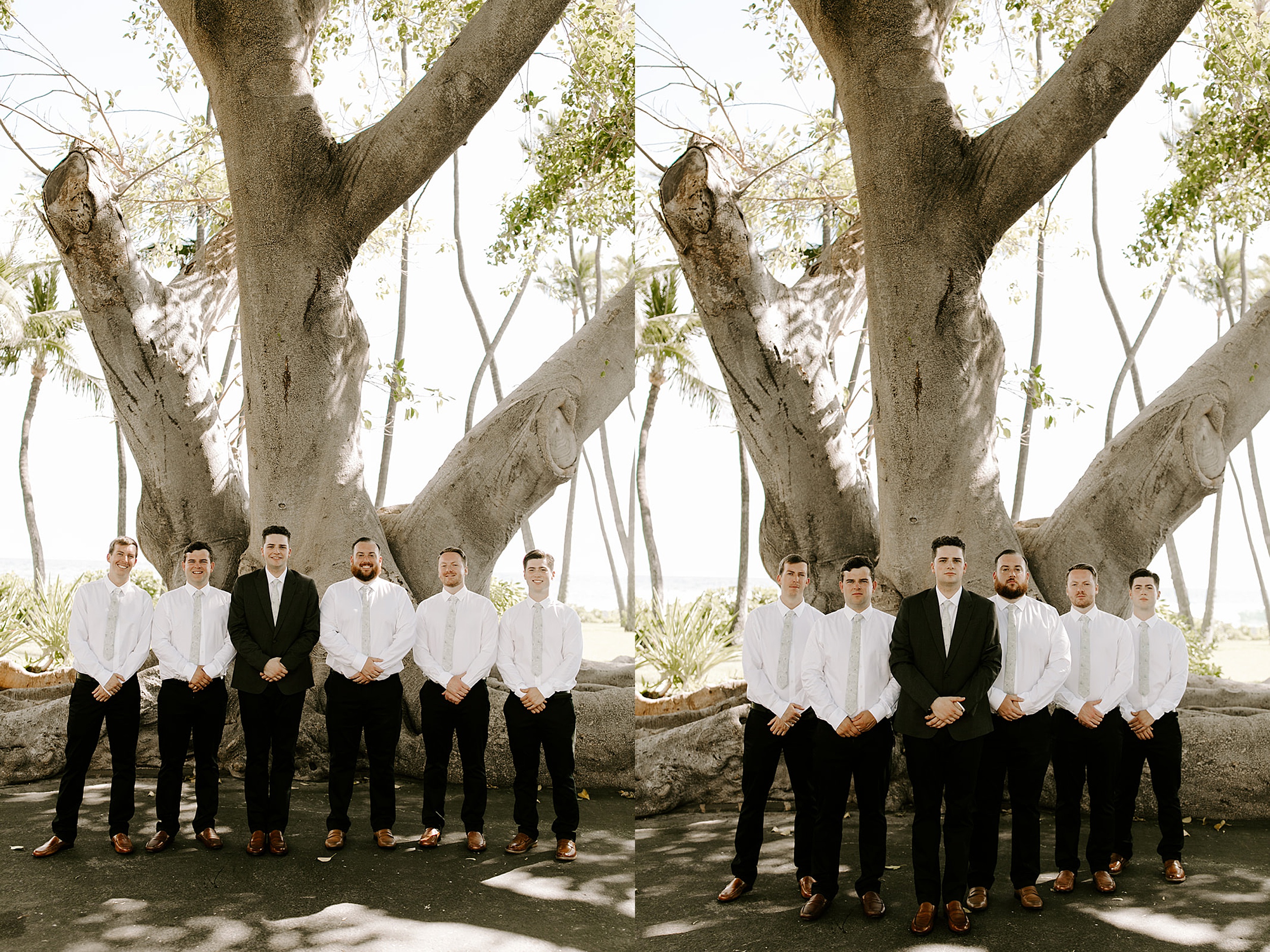 groomsmen standing under tree