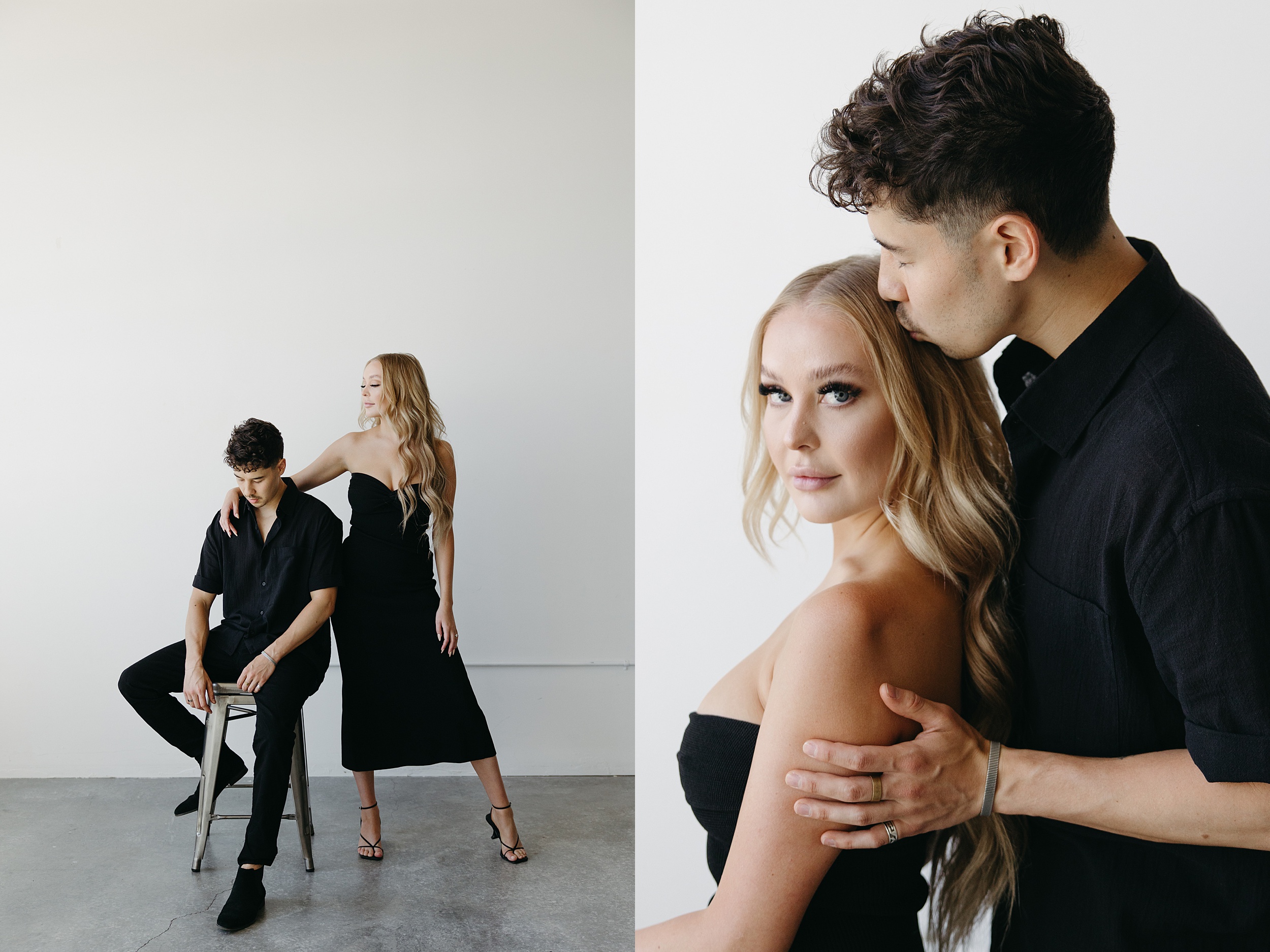 a woman with strawberry blonde hair and a man with black hair posing for their Portland engagement photos