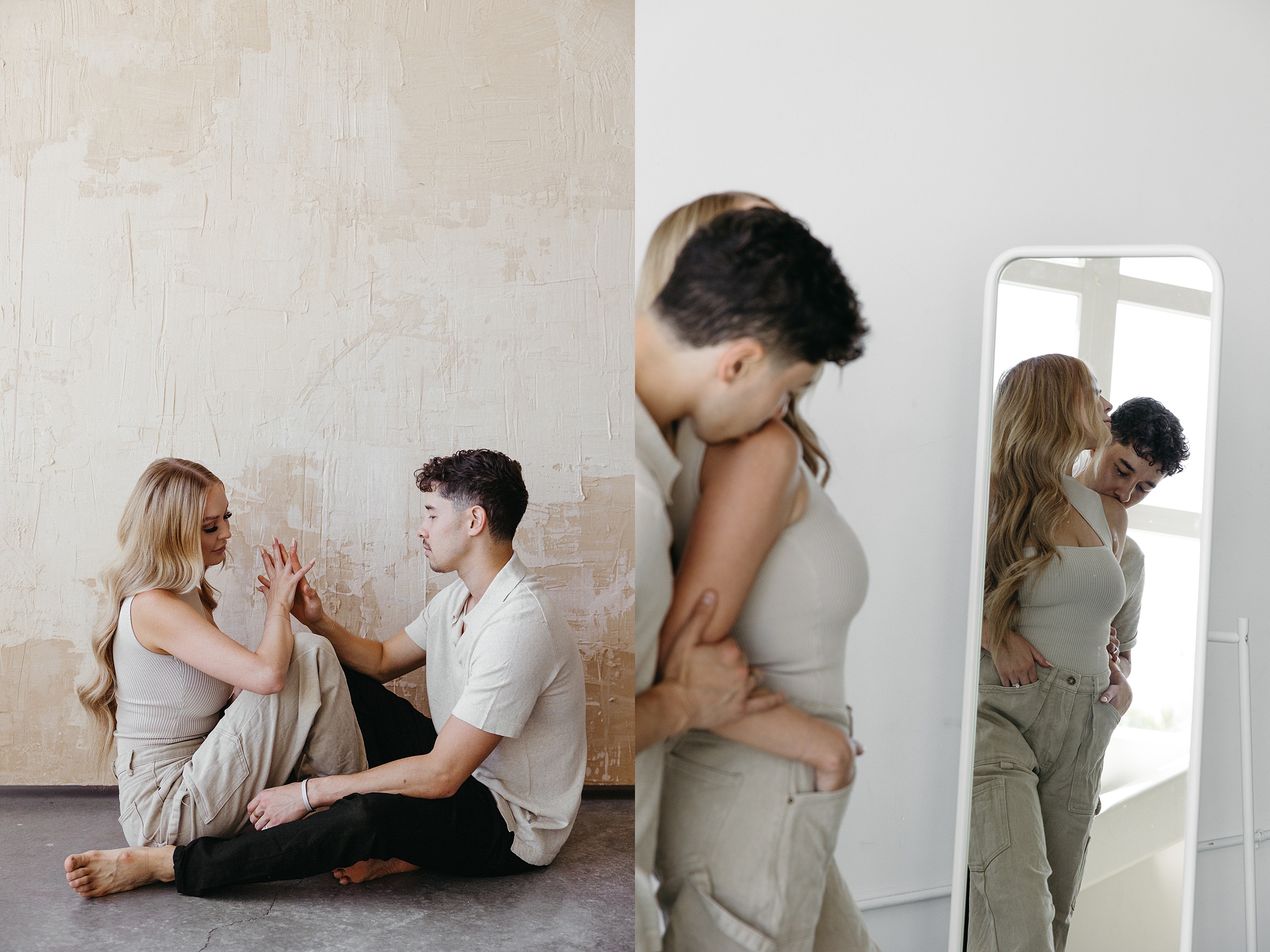 a woman with strawberry blonde hair wearing tan colored top and pants and a man with black hair posing for their Portland engagement photos