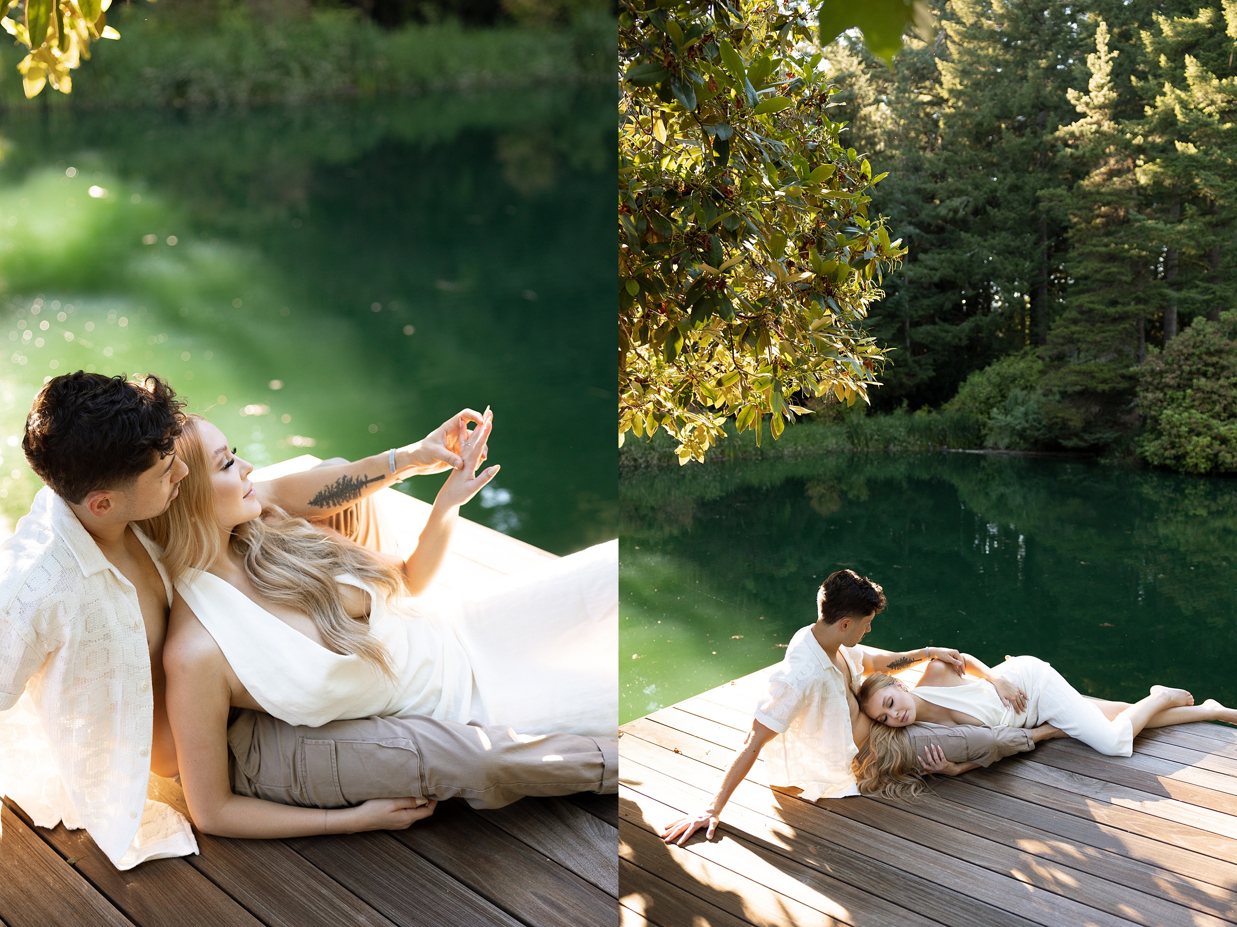 lake engagement photos with scenic greenery trees and a man and woman laying on a dock