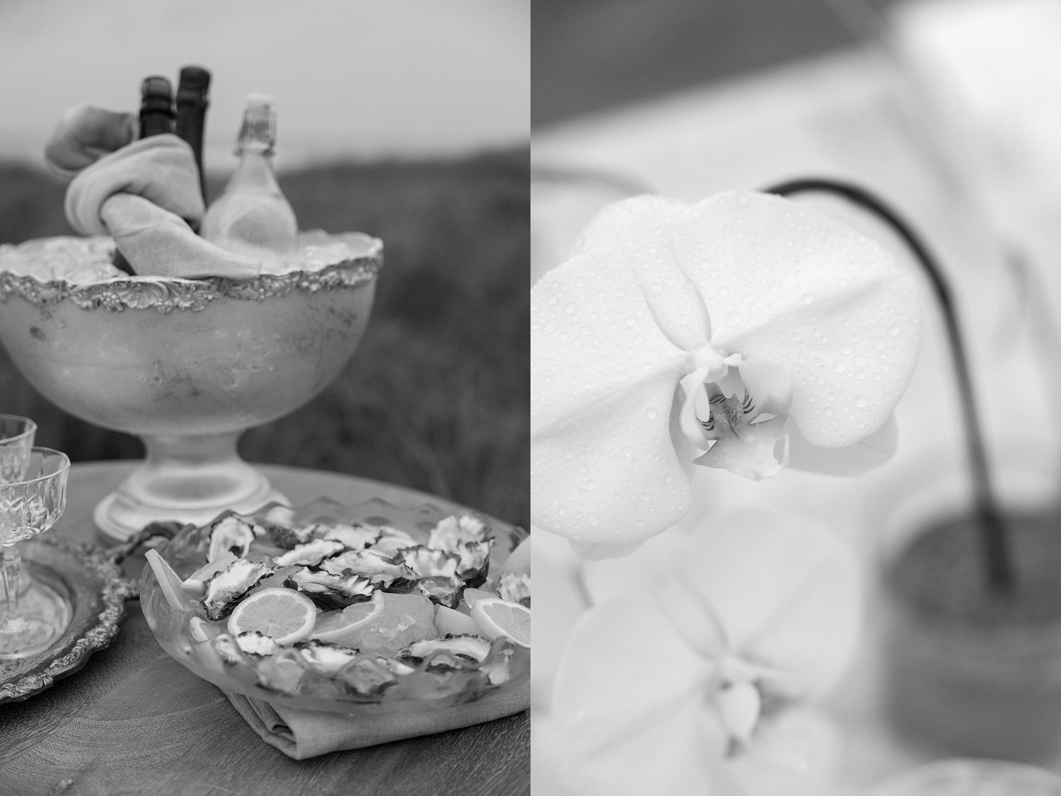 Black and white detail shots of orchids and appetizers at an Oregon coast elopement