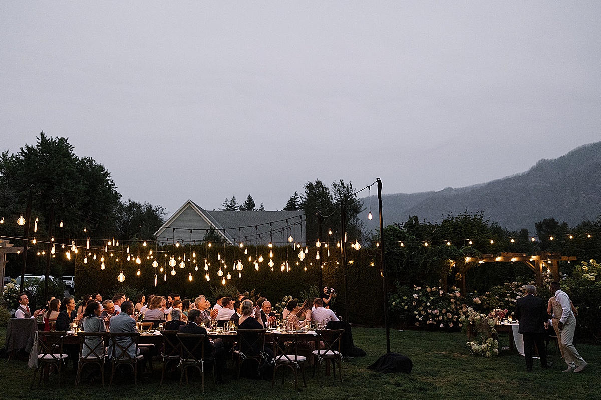 a twinkly light reception at their Columbia Gorge wedding