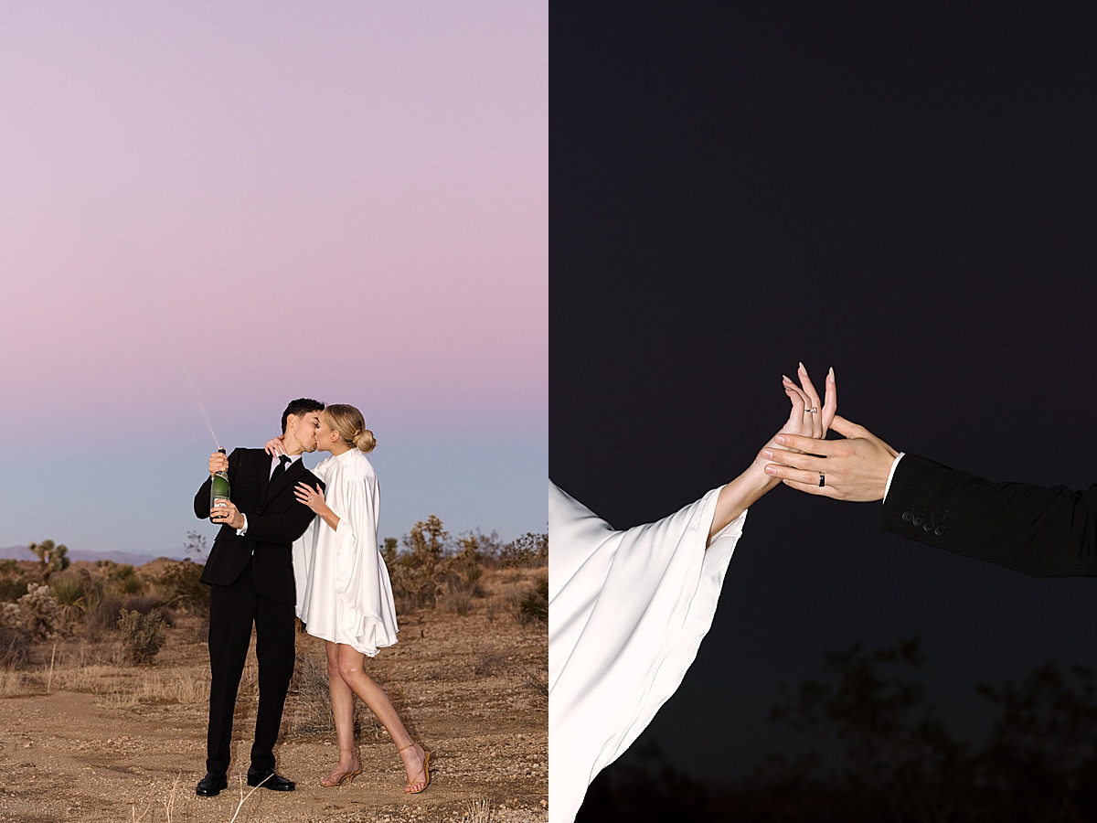 a bride in a white dress and groom in an all black suit at their Joshua Tree elopement during a purple and pink sunset